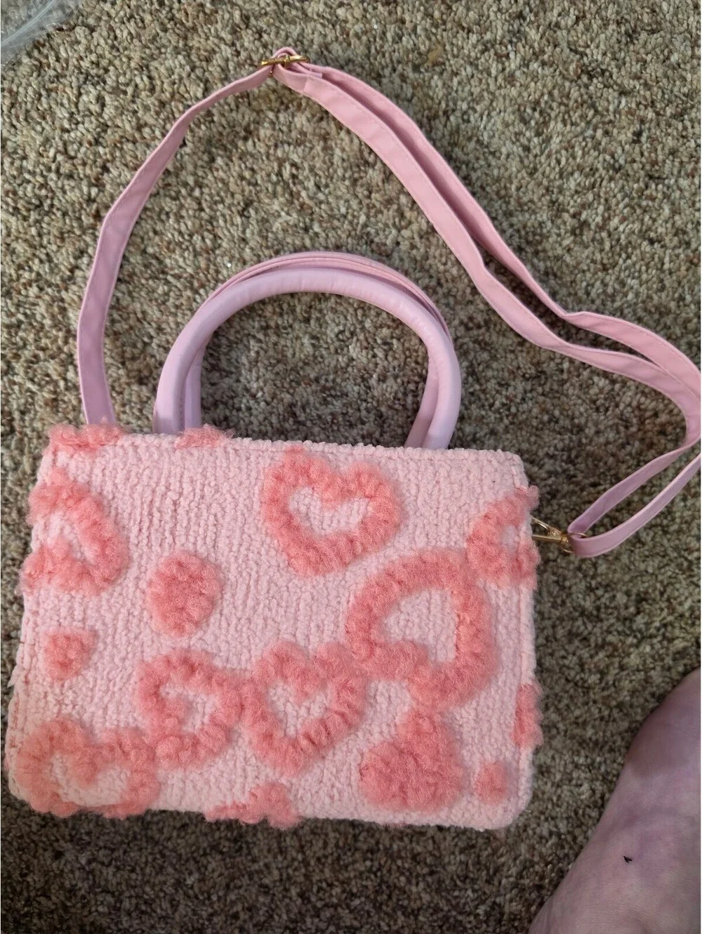 Pink Faux Shearling Heart Pattern Crossbody Bag with Top Handles